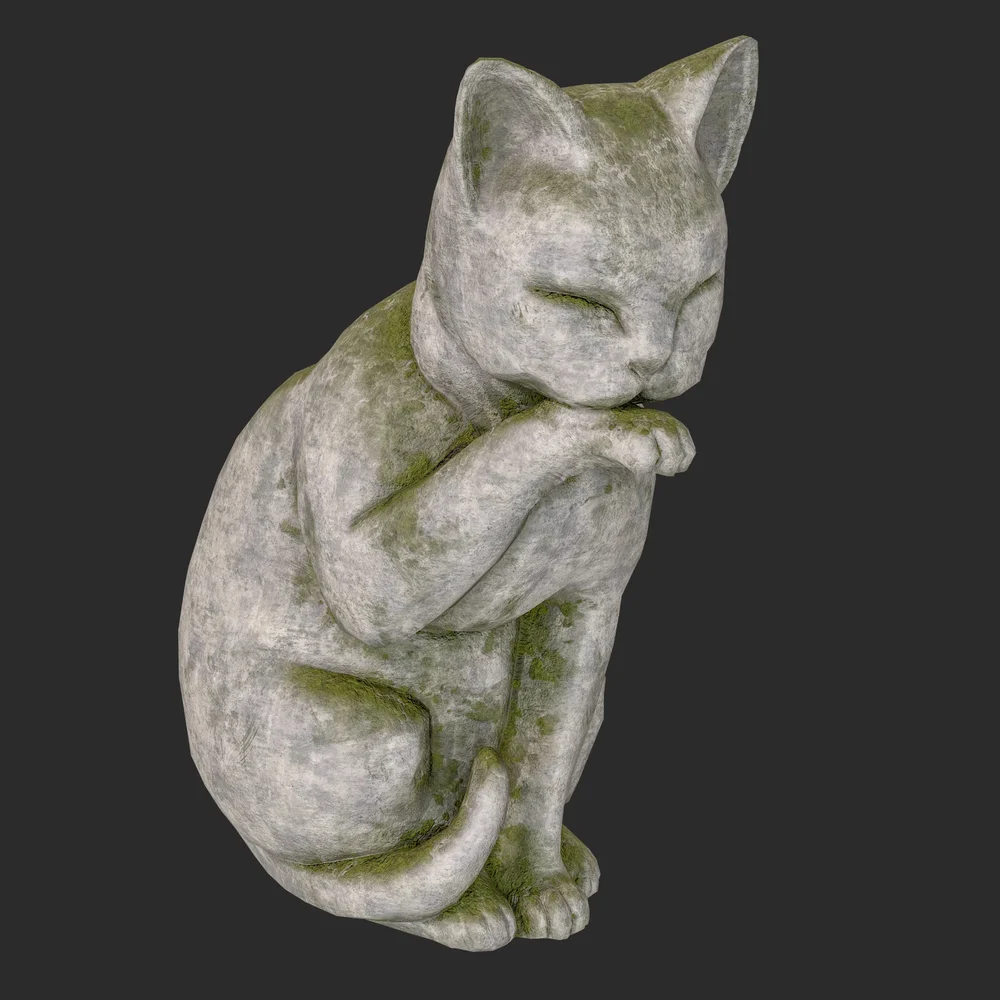 Grooming Cat Stone Moss Statue