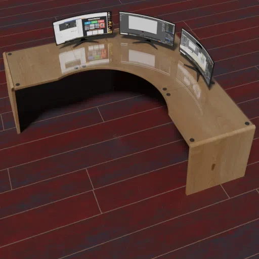 Creators Desk With 3 Curved Monitors And Sockets.