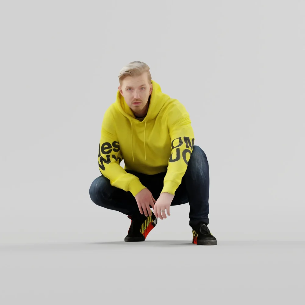 Guy In Fashionable Hoodie Squat