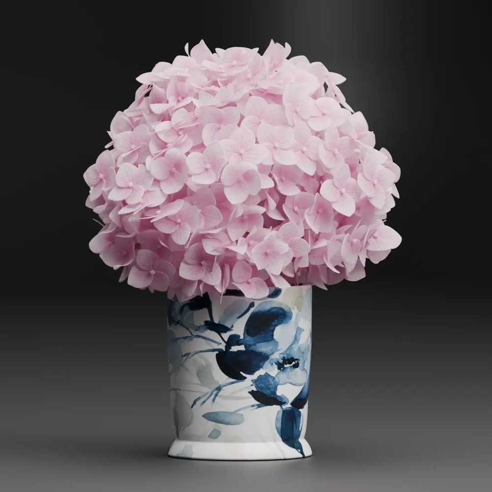 Pink Hydrangea In Floral Ceramic Vase