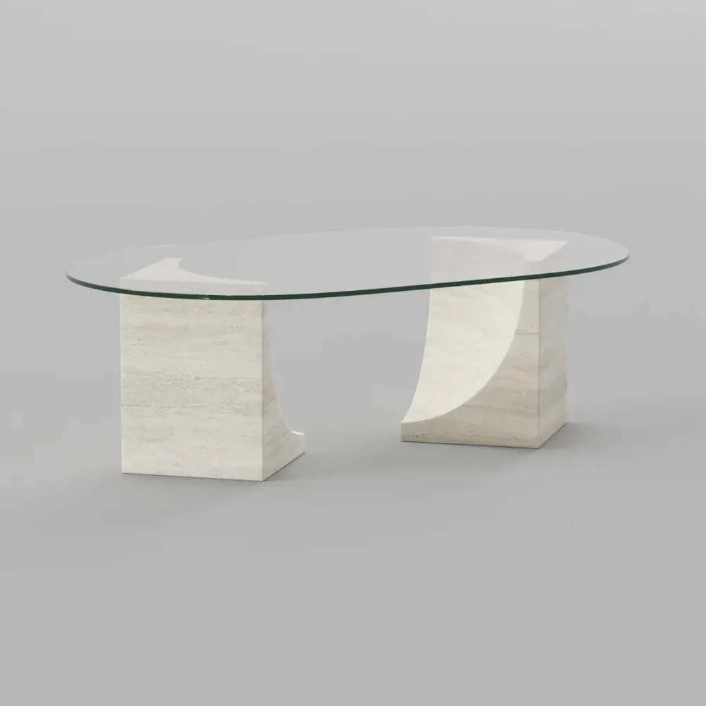 Glass And Travertine Oval Coffee Table