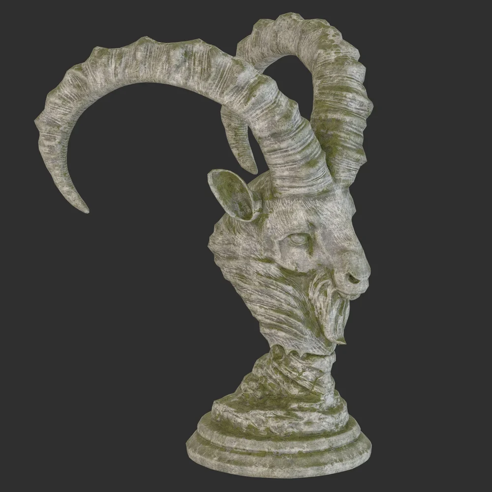 Goat Bust Stone Moss Statue