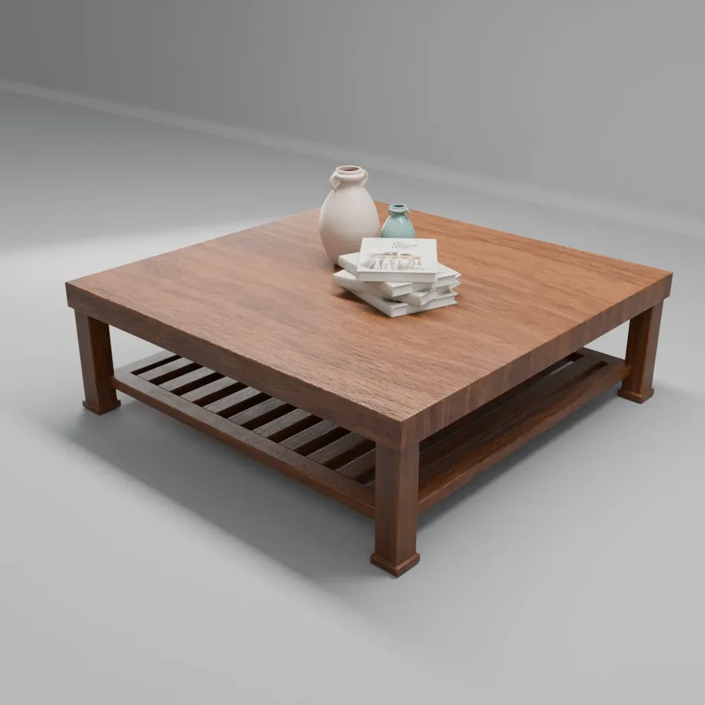 Stylish Staged Wooden Outdoor Table, With Modern Books And Decorative Pottery