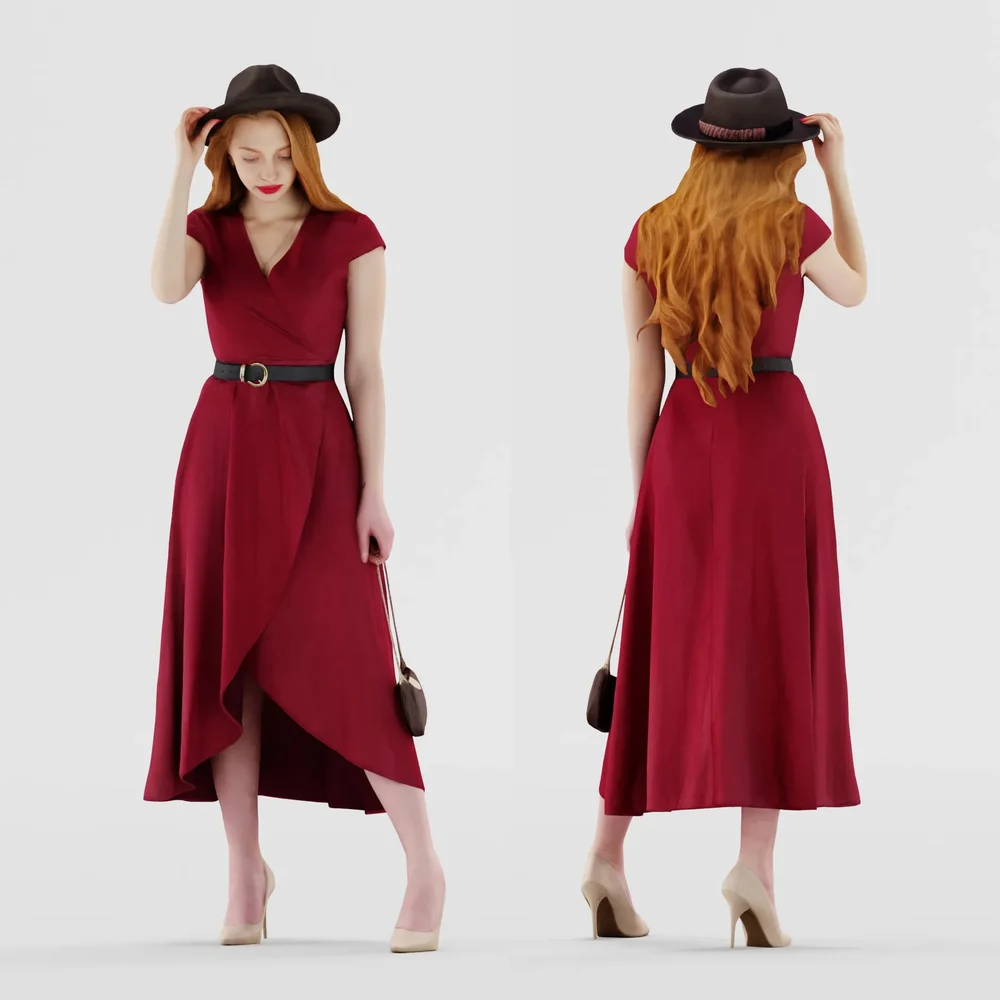 Redhead Girl In А Red Dress