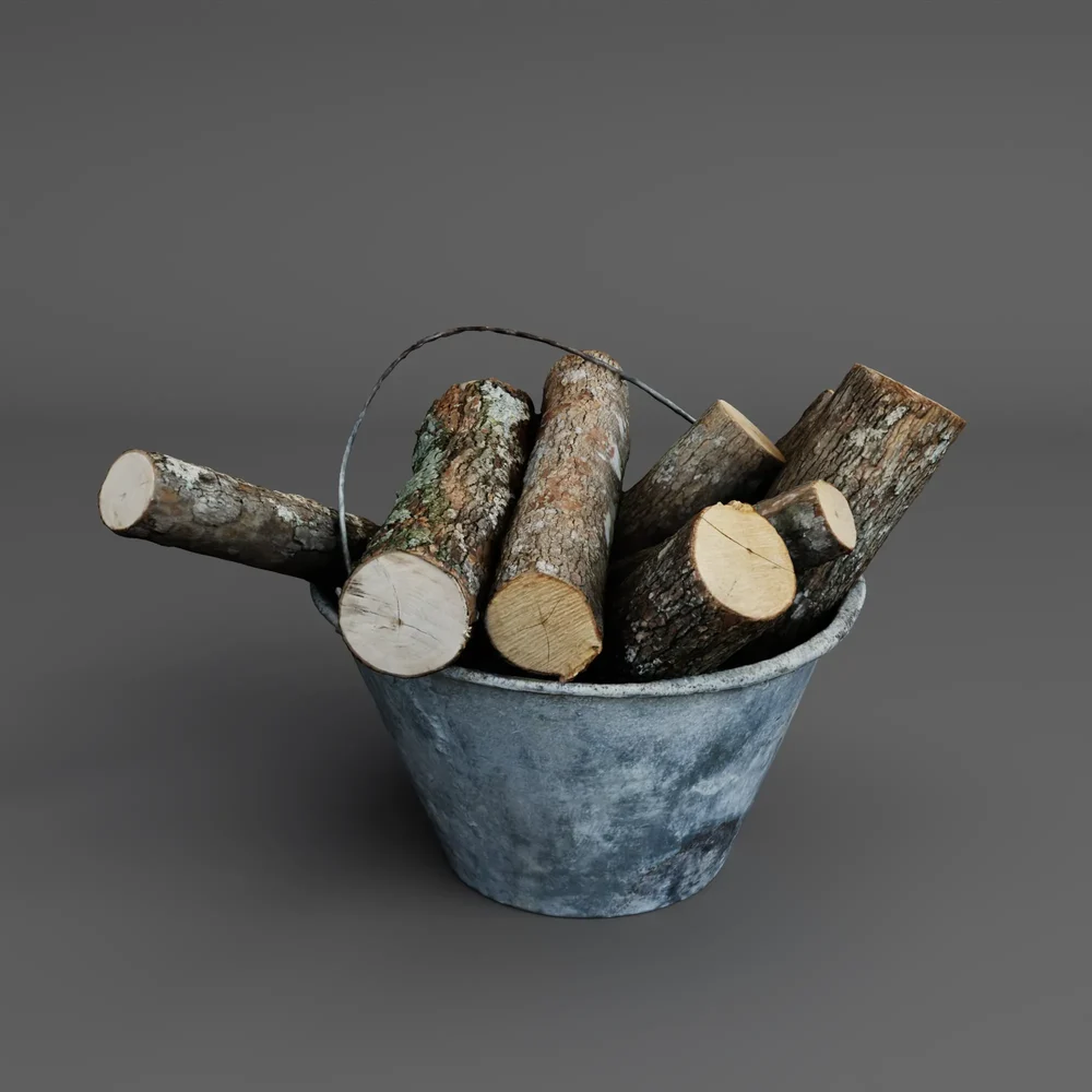 Dirty Metal Bucket With Firewood