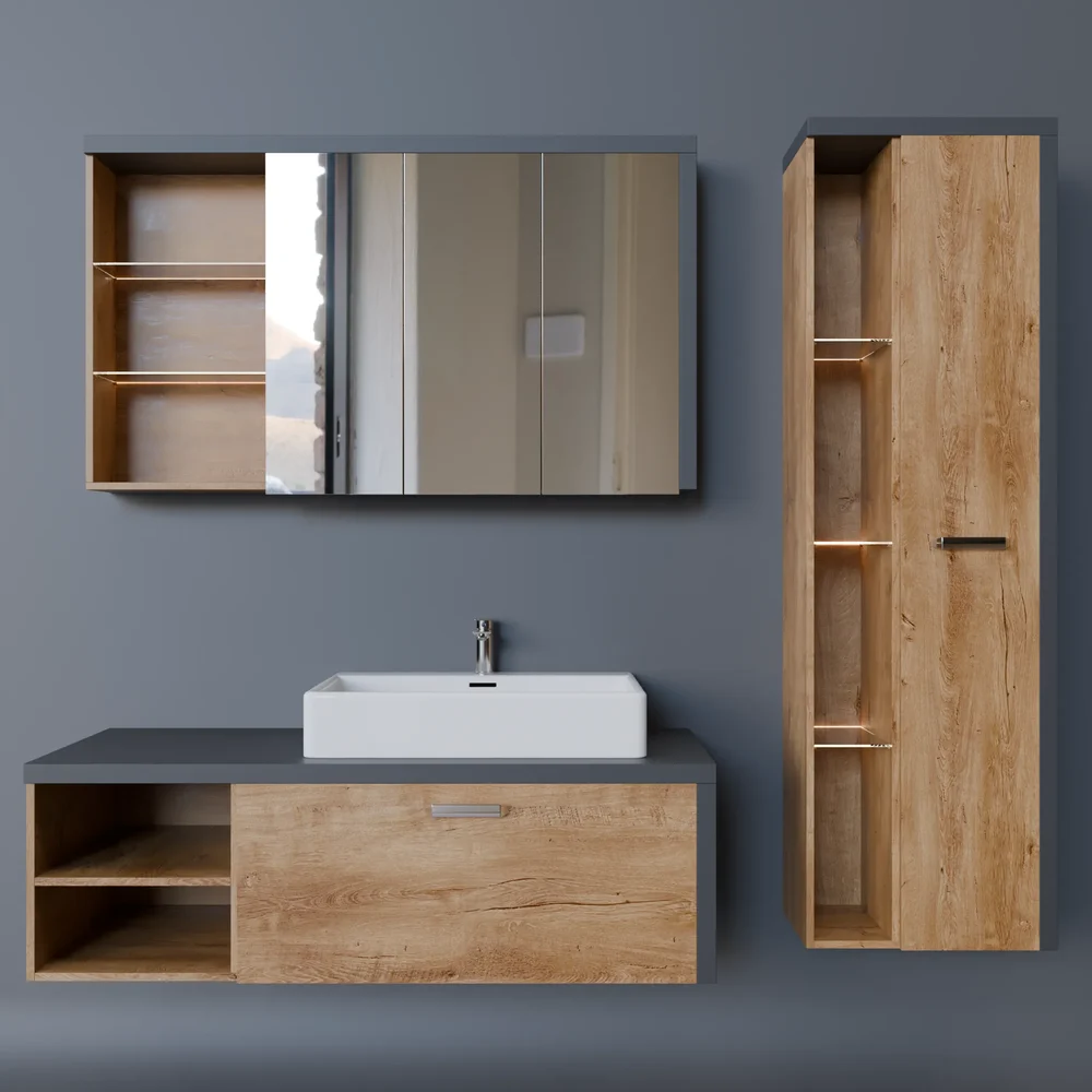 3-Piece Gray And Oak Bathroom Set
