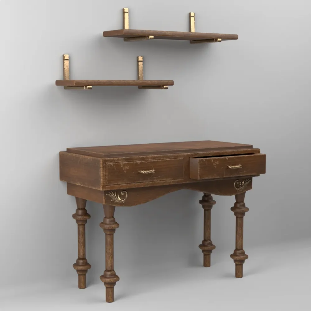 Antique Wooden Table And Shelf
