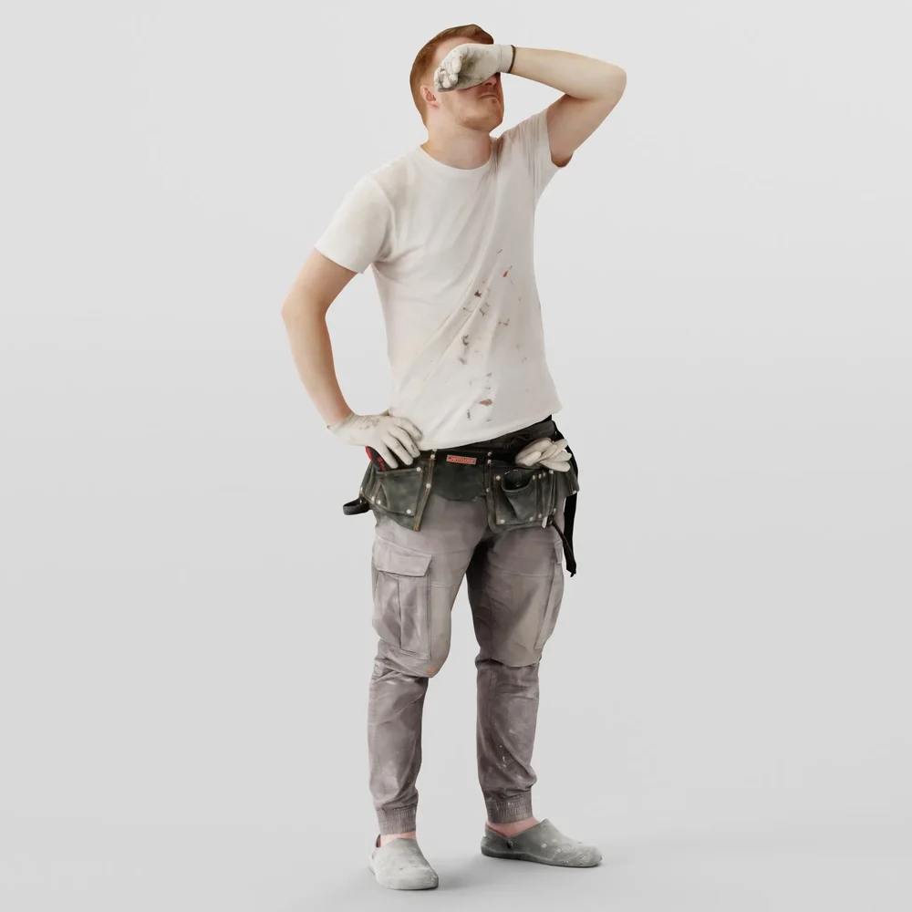 Worker In A White T-Shirt Wipes Sweat
