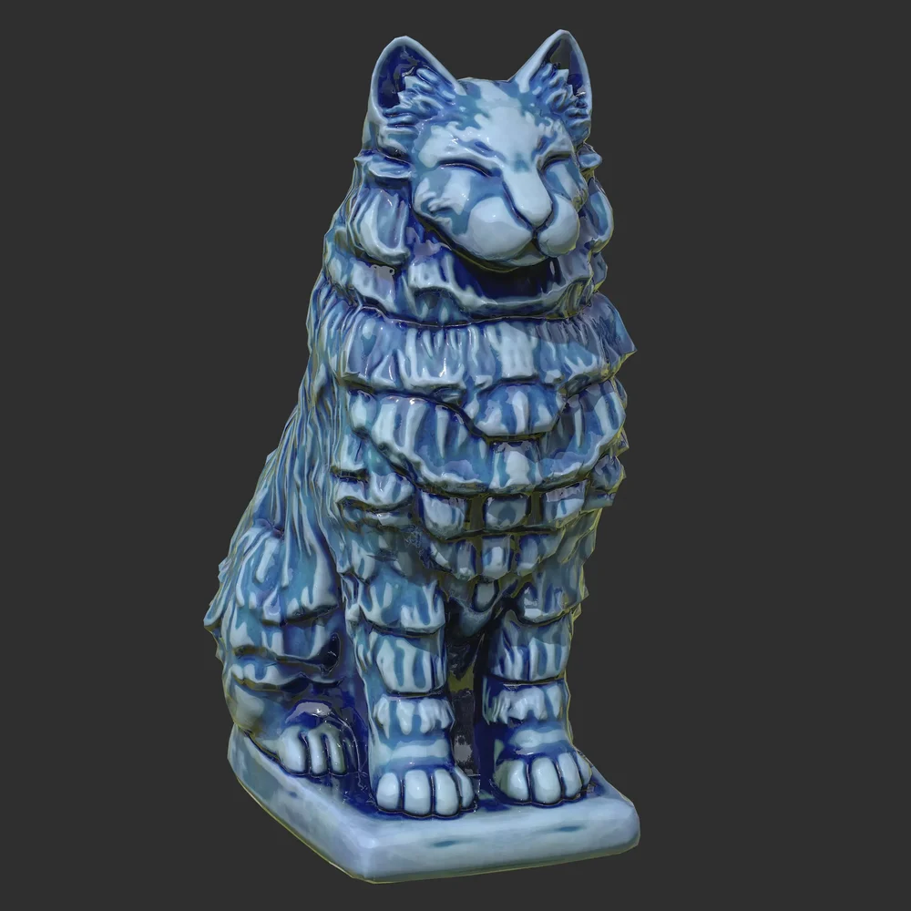 Furred Cat Porcelain Blue Statue
