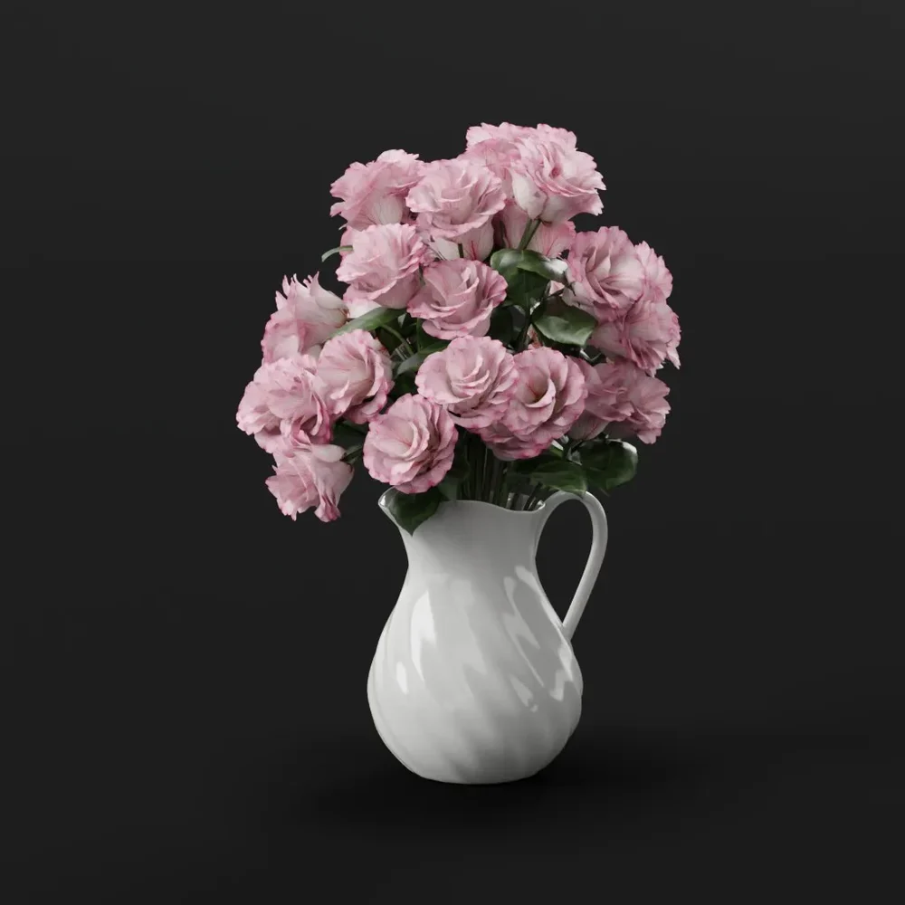 Pink Roses In White Ceramic Pitcher