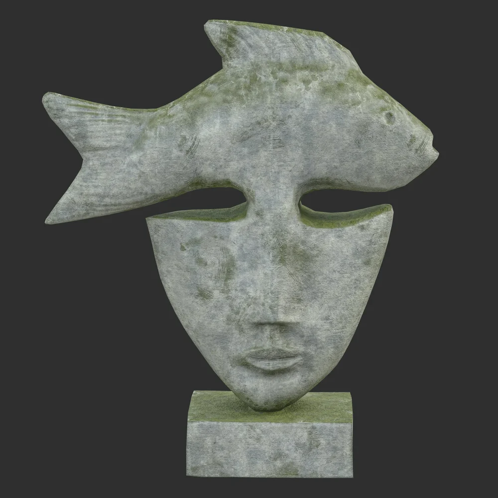 Fish Face Stone Moss Statue