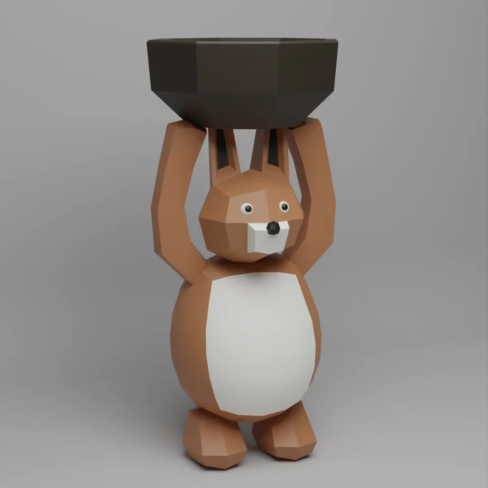 Low Poly Character Standing Bunny Holding Bowl