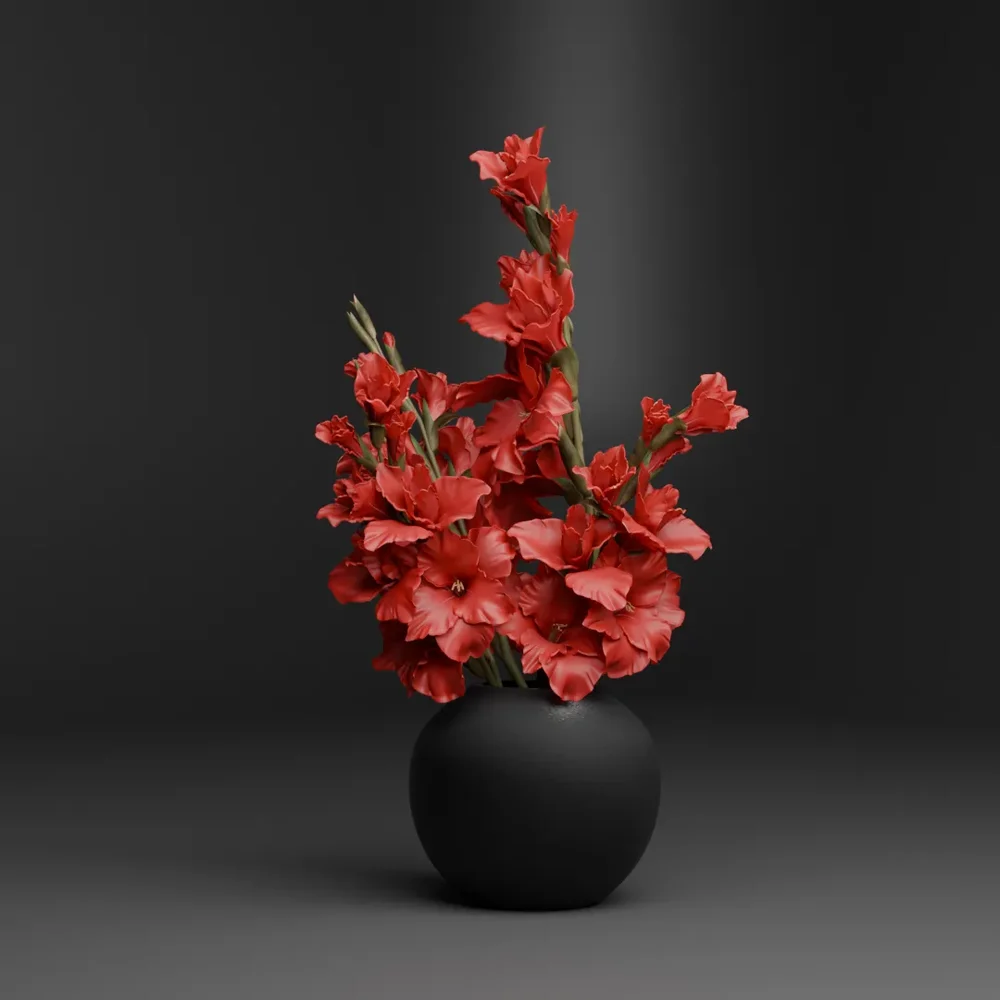 Red Gladiolus In Black Vase
