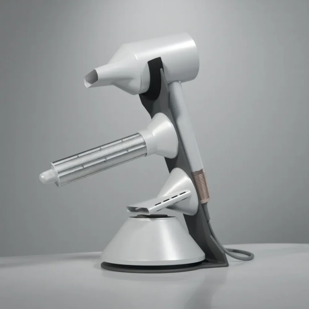 Whie Hairdryer With Attachments On The Stand