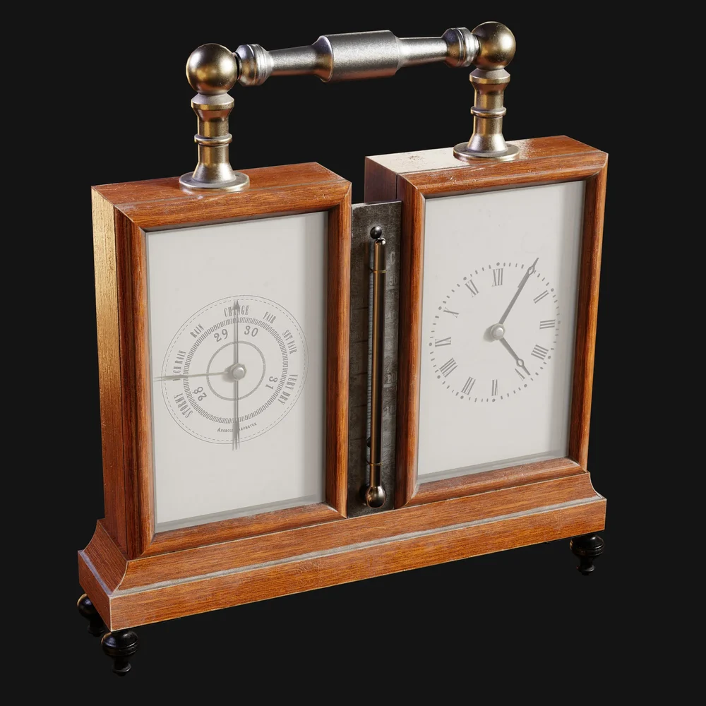 1800s Clock Barometer Desk Set Wooden