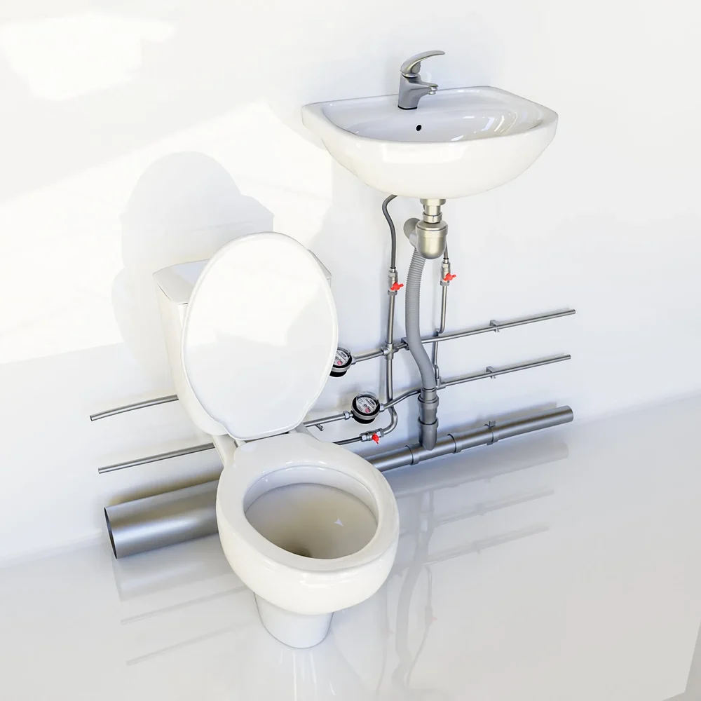 Toilet With Washbasin And Pipes