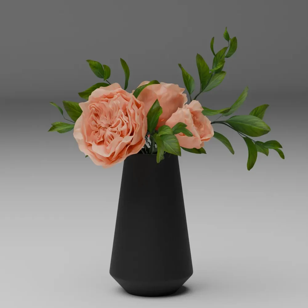 Peach Roses In Black Vase