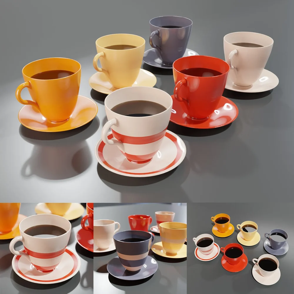 Set Of Porcelain Coffee Cups With Saucers