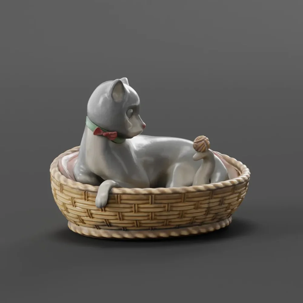 Cat In Wicker Basket Figurine
