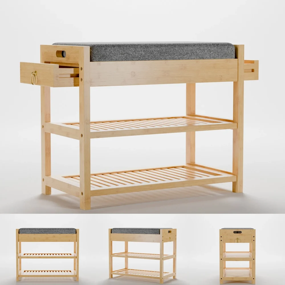 Bamboo Padded Shoes Rack Seat Bench