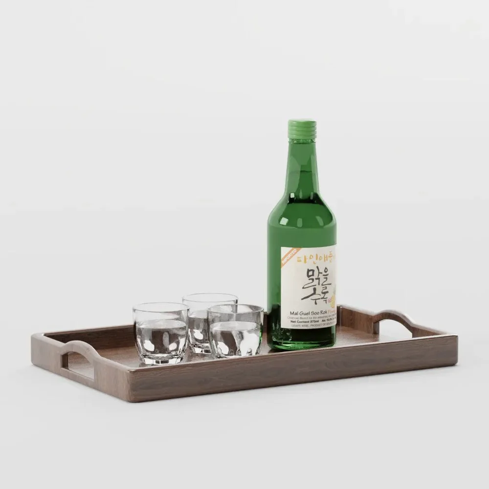Soju With Glasses On Wooden Tray