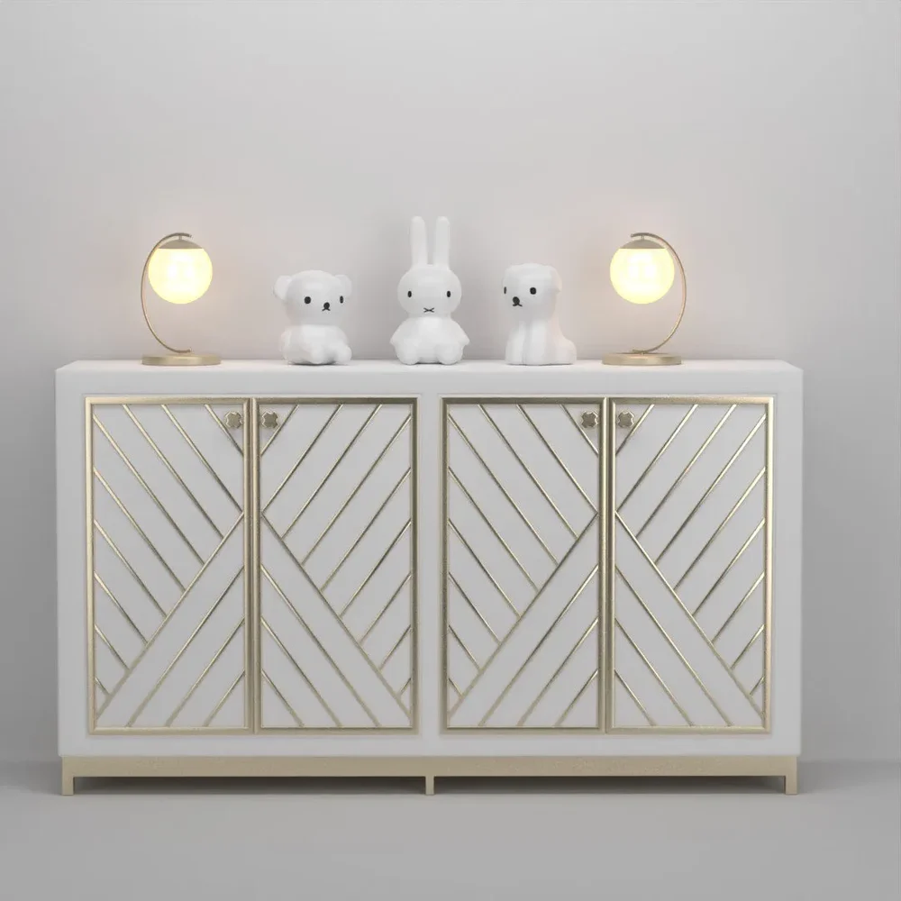 White Side Board Gold Diagonal Stripes