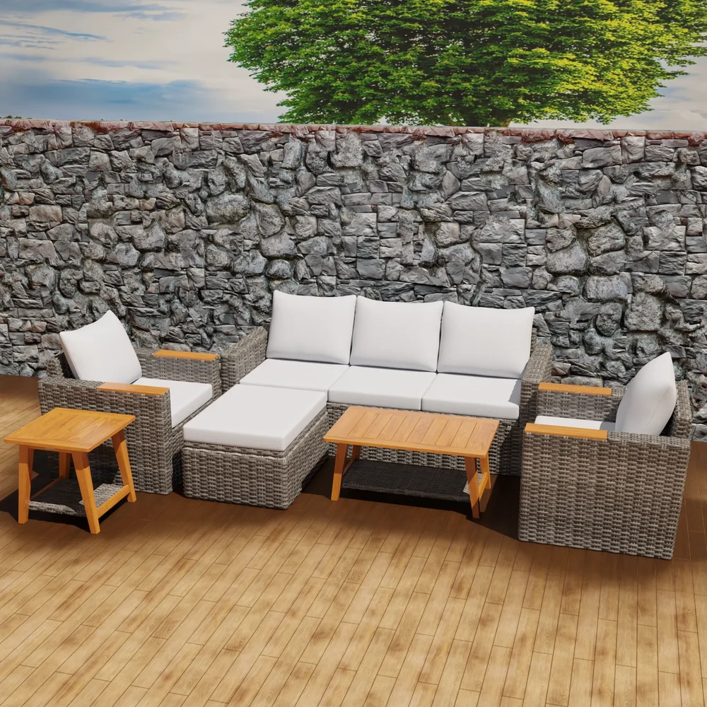 Wicker Sofa Set With Wooden Tables