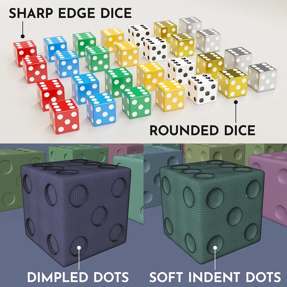 A Collection Of 19mm Dice In Two Styles And Seven Looks.