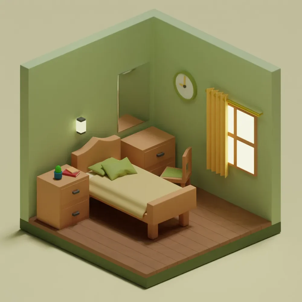Isometric Bedroom Lowpoly Vintage Color