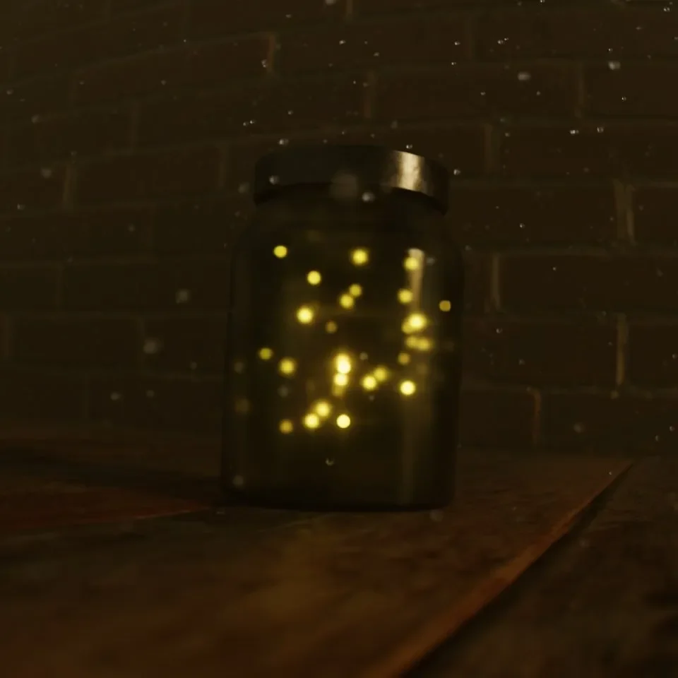 Glass Of Yellow Animated Fireflies With A Metal Cover
