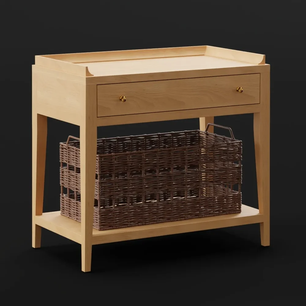Wooden Console Table With Wicker Basket