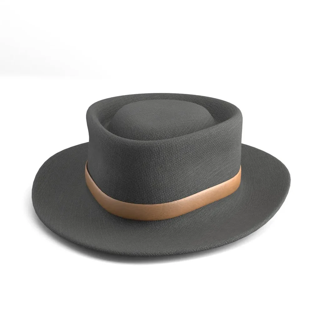 Black Felt Hat With Brown Leather Strap