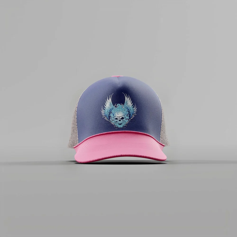 Blue And Pink Winged Skull Trucker Cap