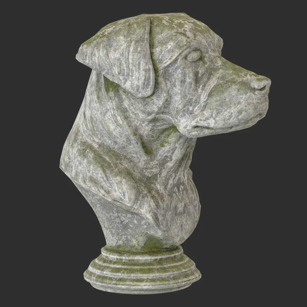 Dog Bust Stone Moss Statue