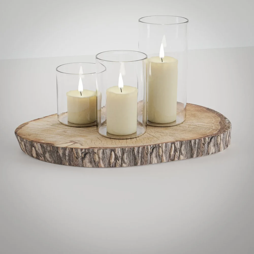 Wooden Tree Disc With Candles Deco Element