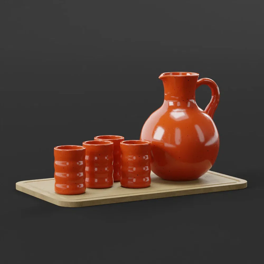 Tray With Clay Jug And Cups