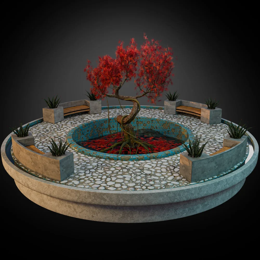 Red Bonsai Tree With Pool And Bench
