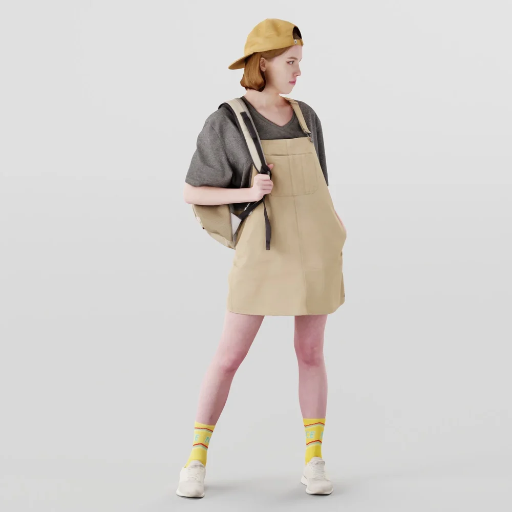 Girl In Jumpsuit-Dress With Backpack