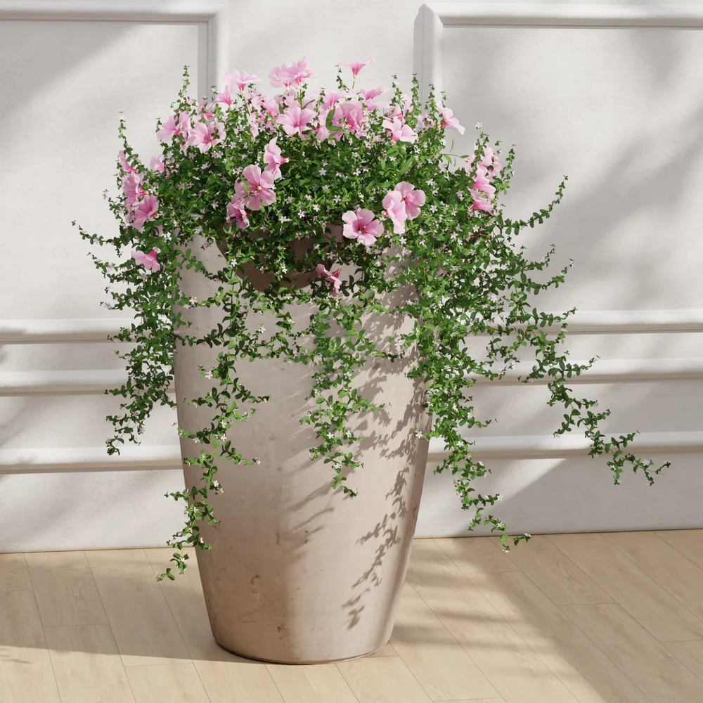 Pink Petunias In Tall Concrete Planter