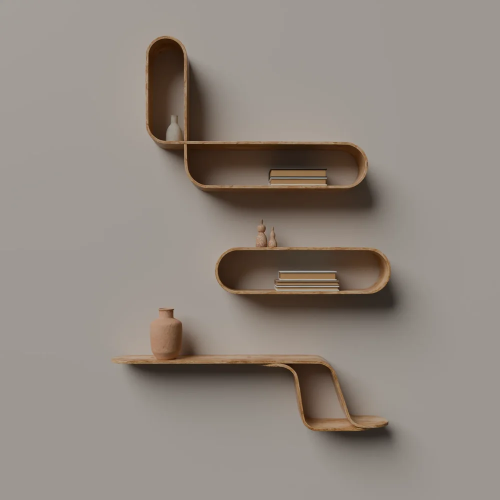 Modern Curved Wooden Wall Shelf Set