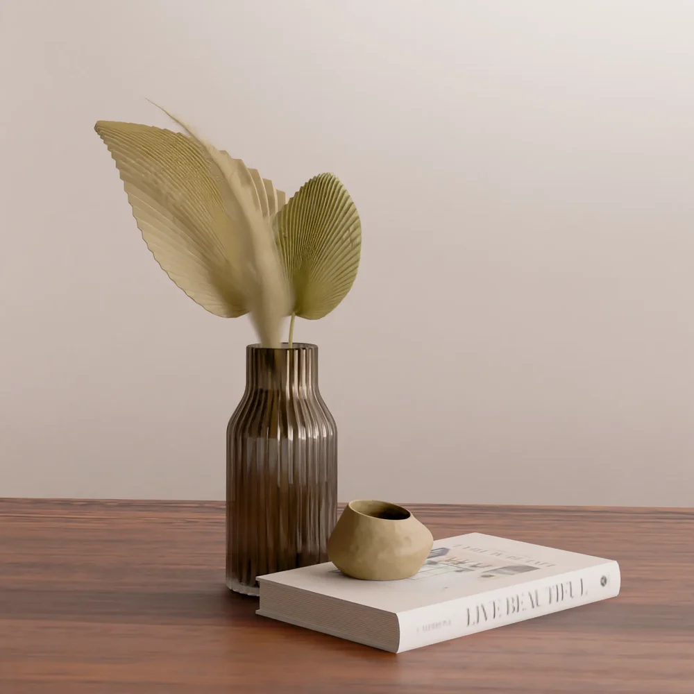 Dried Palm Leaf And Pampas In Glass Vase