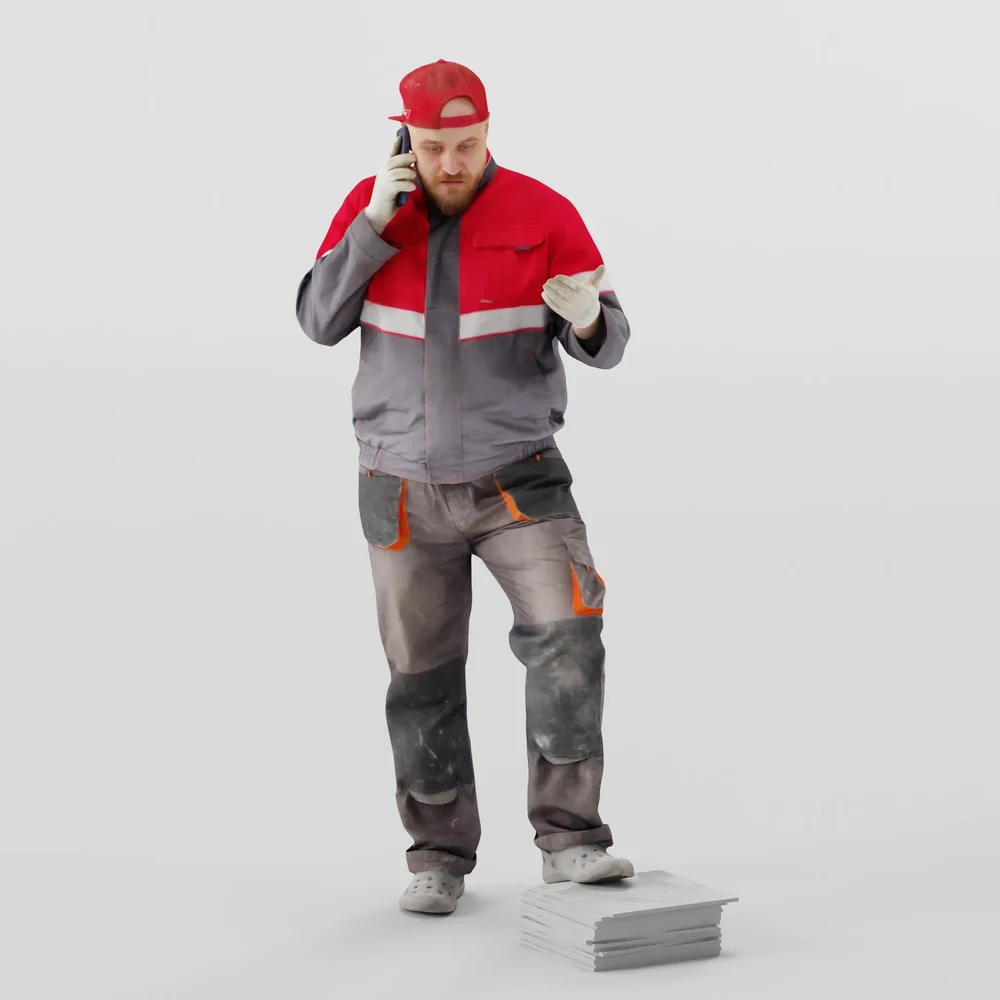 Bald Worker In Overalls Talking