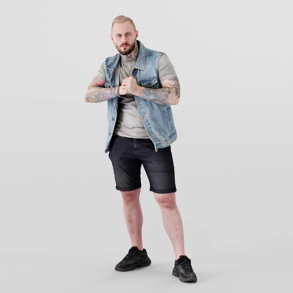 Casual People In A Denim Vest With Tattoos