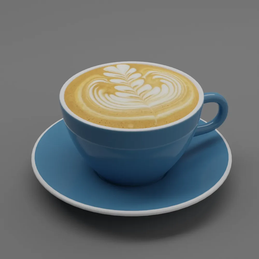 Hot Beverage Coffee Cappucino Rosetta Latte Art In Blue Acme Ceramic Cup