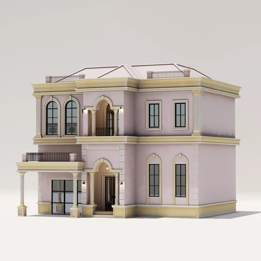 Classic Pink Two-Story Villa Exterior