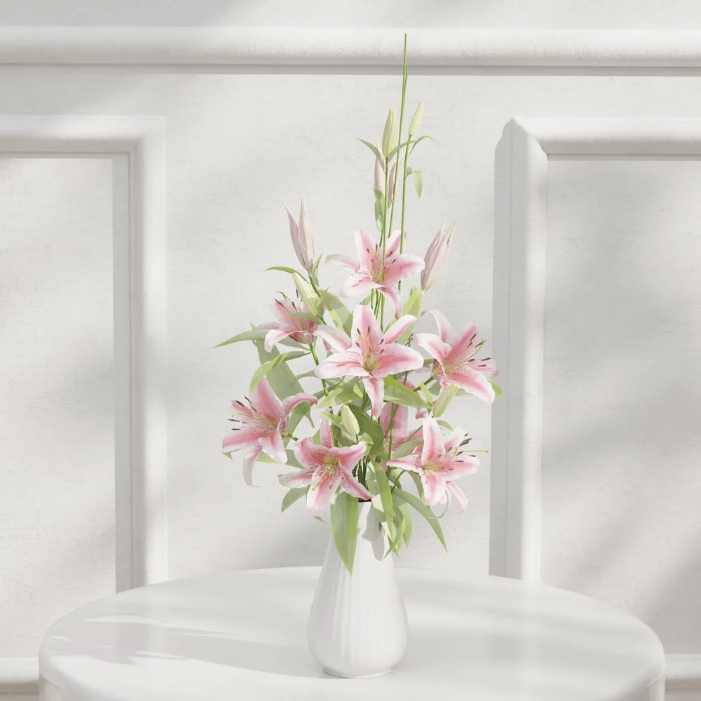 White Vase With Pink Lily Arrangement