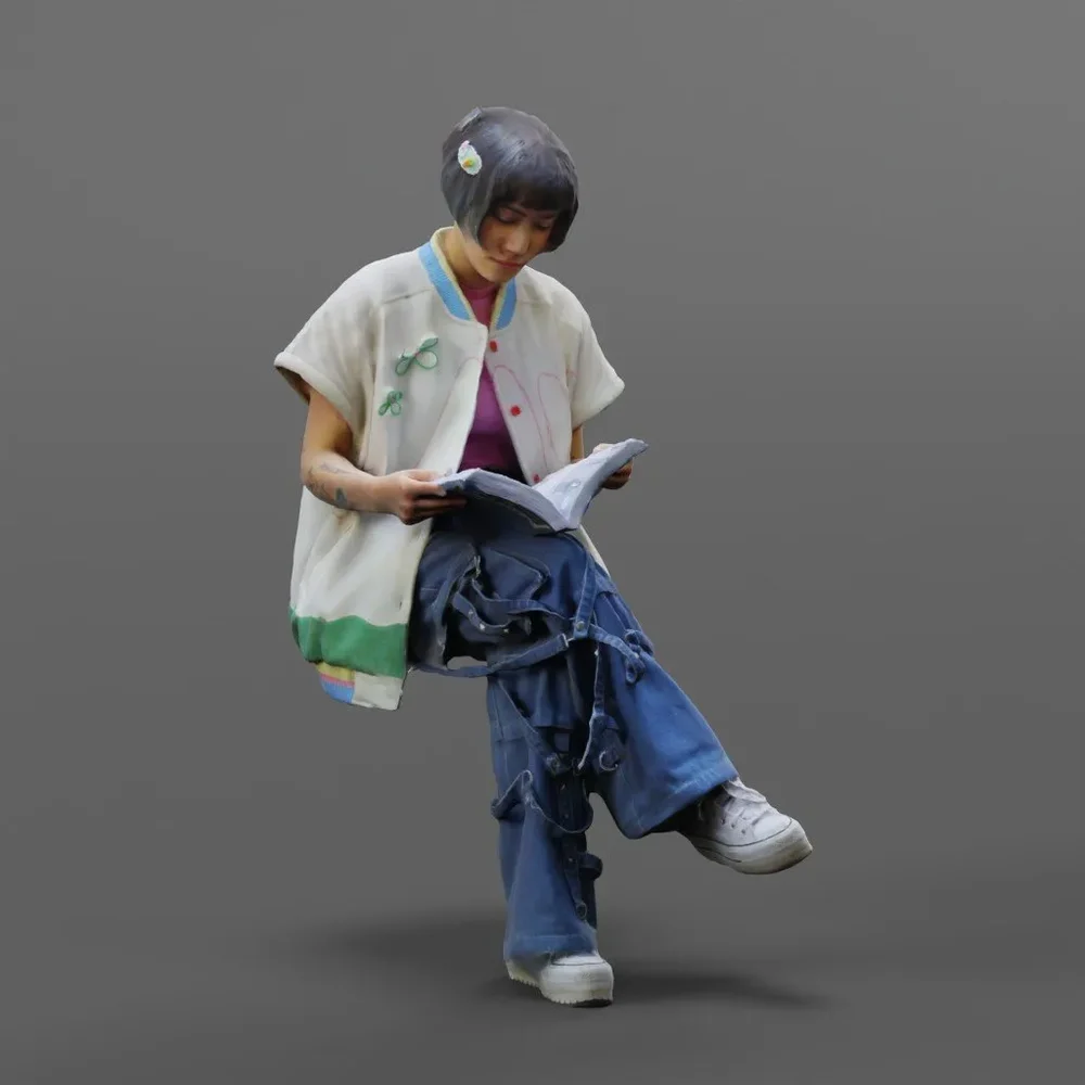 Sitting Cute Girl Reading White Jacket Jeans
