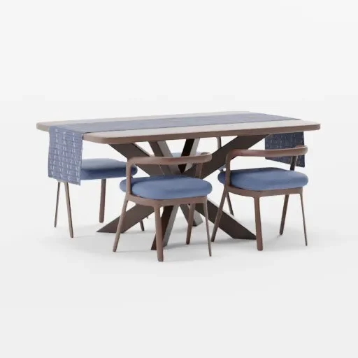 Wooden Crossed Legs Dining Table Set With Stools
