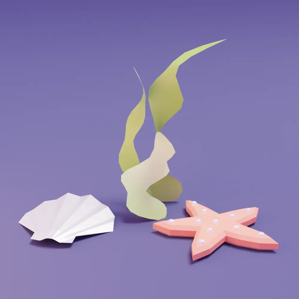 Lowpoly Seaweed, Shell And Starfish