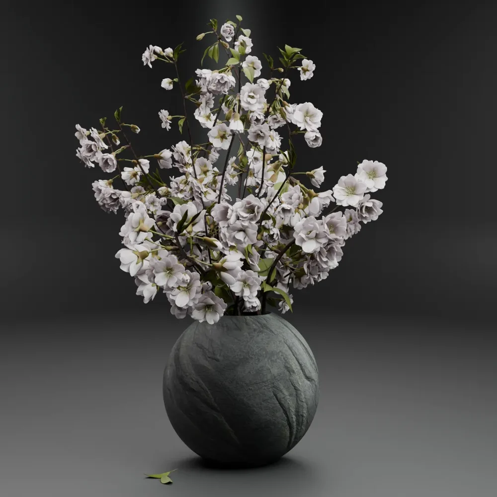 Cherry Blossom Branches In Stone Vase